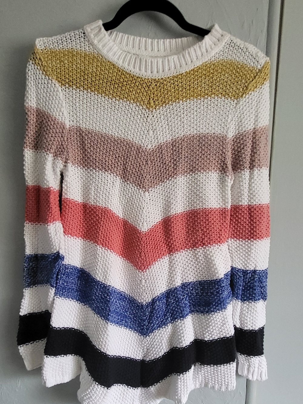 Caslon White Crewneck Sweater with Multi Colored Stripes
